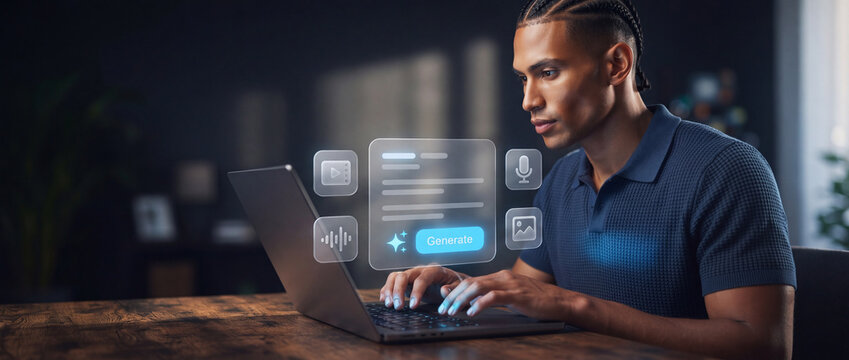 Generative AI interface for content creation displayed over a laptop as a focused man types in a dimly lit modern office, showcasing futuristic digital media tools for creative professionals