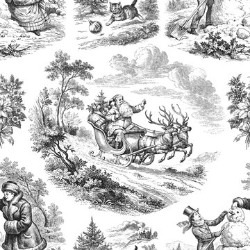 Seamless vector pattern with traditional European Christmas scenes. Vintage engraving or ink drawing style vector illustration.	

