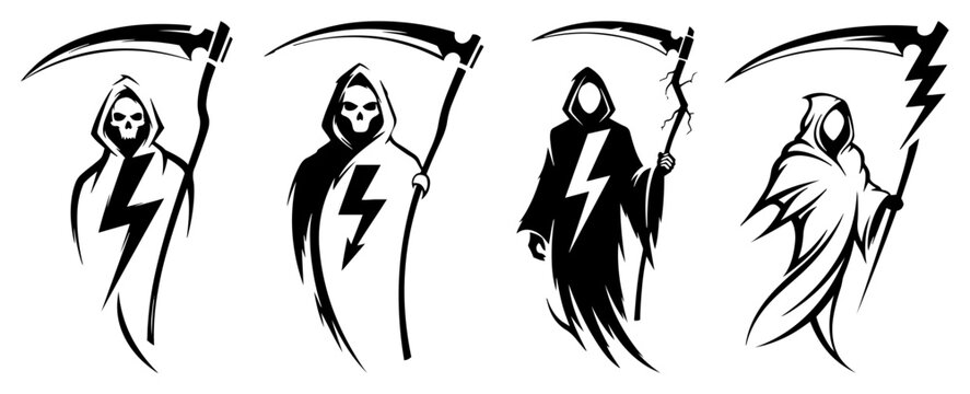 Grim reaper silhouettes with scythes and lightning bolt symbols in modern graphic style