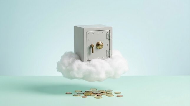 Small metallic safe box floating on a white cloud with gold coins underneath, representing cloud banking security and online financial protection concept
