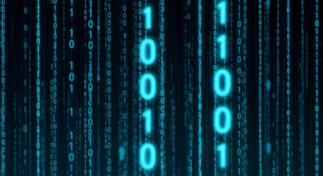 Binary code digital rain background, glowing blue and cyan zeroes and ones cascading vertically against