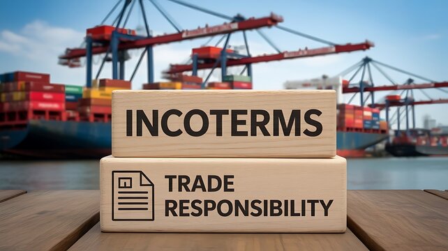Wooden blocks displaying incoterms and trade responsibility text with a blurred shipping port and large container cranes in the background view