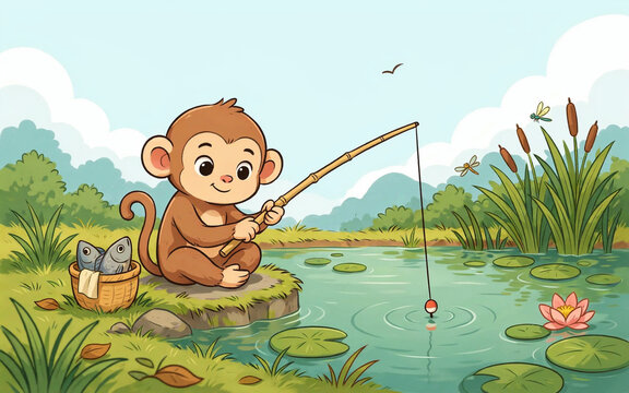 Cute little monkey sitting on a riverbank fishing with a rod and a basket of fish, surrounded by lily pads, cattails, and dragonflies