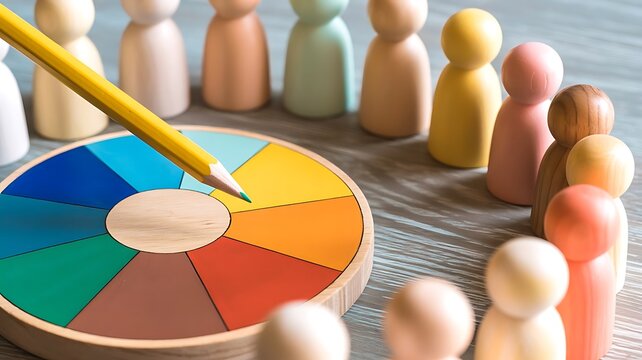 Wooden peg dolls standing in a circle around a colorful wooden wheel chart with a yellow pencil pointing towards a segment on a light table
