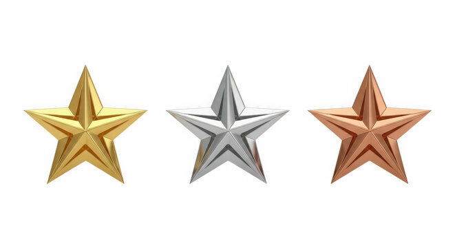 Gold silver and bronze stars for achievement and ranking awards isolated on transparent background