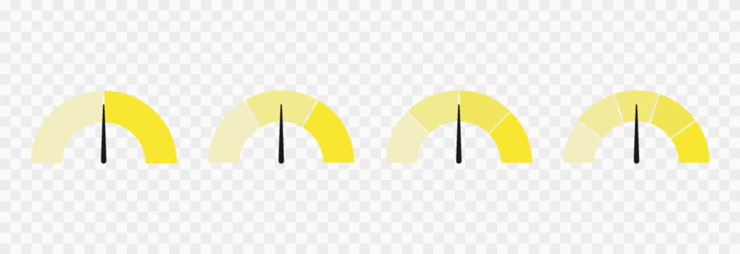 Set of colorful indicator icons for speed, risk, and ratings, ranging from low to high. Gauge or dashboard PNG.