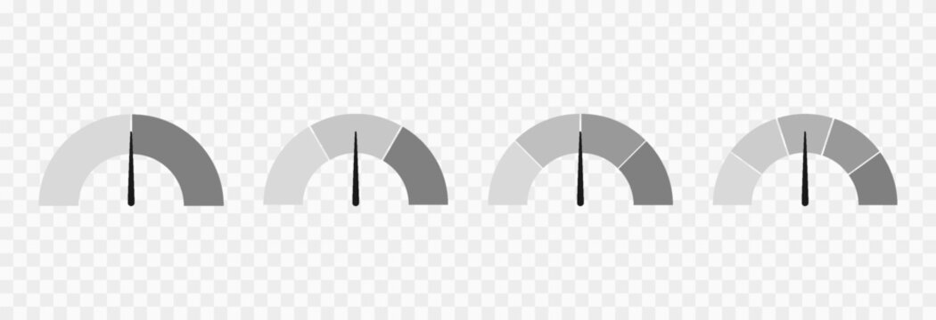 Set of colorful indicator icons for speed, risk, and ratings, ranging from low to high. Gauge or dashboard PNG.