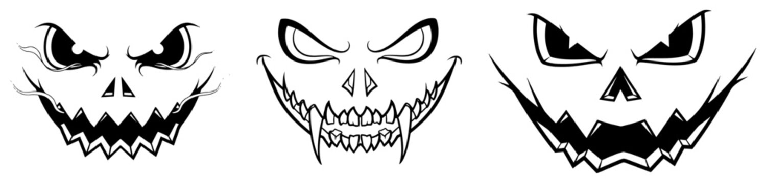 Scary monster faces with sharp teeth and evil smiles in graphic tattoo style