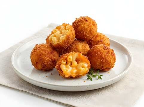 Crispy Deep Fried Mac and Cheese Balls | Gourmet Cheesy Macaroni Bites Appetizer | Golden Brown Mac and Cheese Finger Food | Cheesy Melted Macaroni Balls on Plate