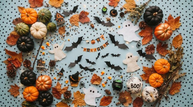 Halloween flat lay composition with pumpkins and ghosts. Autumn seasonal decor on blue polka dot background. Festive spooky holiday arrangement.