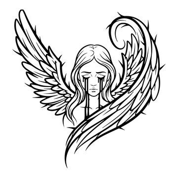 Crying angel woman with large wings and dripping tears in gothic line art style