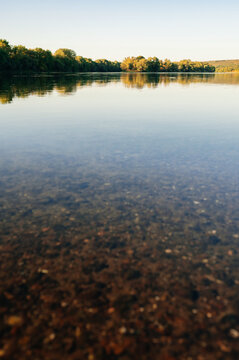 Still river water mirrors forested banks under warm light, while clear shallows reveal pebbles below here