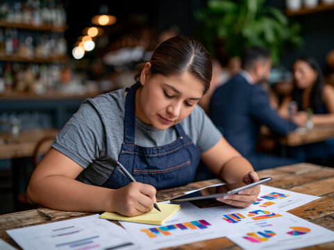 Focused restaurant manager analyzing business performance data on a tablet and taking notes in a cafe