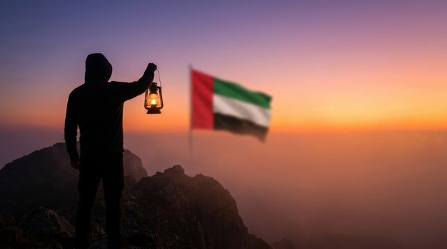 Silhouette of person holding lantern on mountain peak with UAE flag and sunset sky