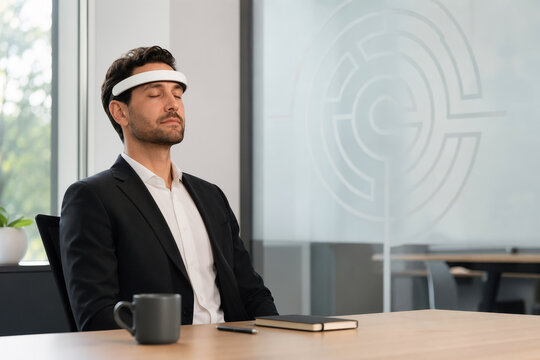 Corporate professional wearing matte-white neuro-feedback headband in minimalist office for mental health neurofeedback PTSD treatment workplace wellness executive stress management