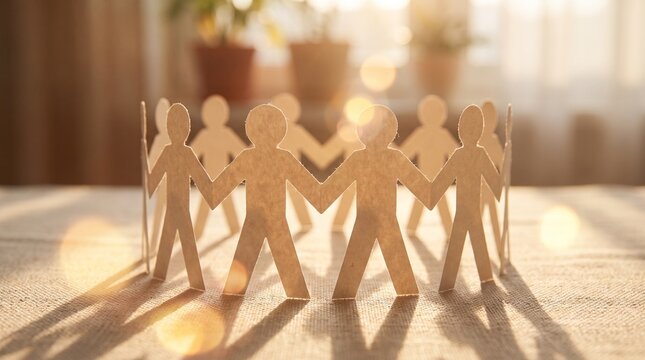 Paper figures holding hands in a circle representing teamwork and community unity
