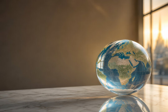IMF World Bank annual meetings Bangkok 2026 glass globe on marble table golden hour sunlight global economy financial stability development climate finance poverty reduction