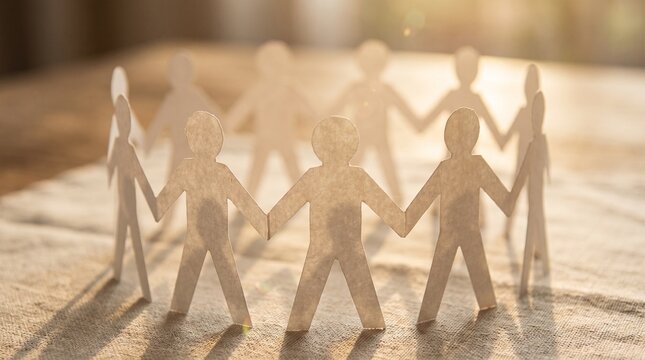 Golden light shining on paper cut people holding hands for community unity and partnership