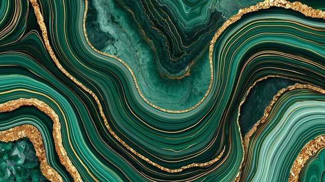 Abstract agate slice with swirling green and gold layers, showcasing intricate geological patterns and luxurious texture