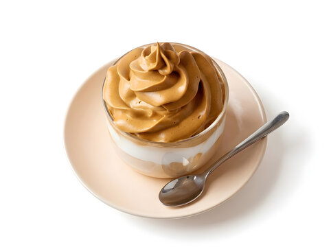 Fluffy Dalgona Whipped Coffee in Glass Cup | Cold Frothy Whipped Iced Coffee Latte Drink | Trendy Creamy Korean Dalgona Coffee Beverage | Gourmet Whipped Coffee Foam Dessert Beverage