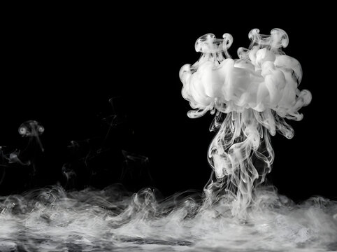 White Ink Smoke Cloud Abstract Explosion on Black | Abstract Liquid Ink Motion Plume Background | Dynamic White Chemical Smoke Swirl Texture | High Contrast Water Ink Abstract Artwork