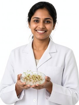 Studio portrait photo of a female scientist holding sprouts in a petri dish on a white isolated background. Suitable for agricultural science, biology research, and plant growth concepts.