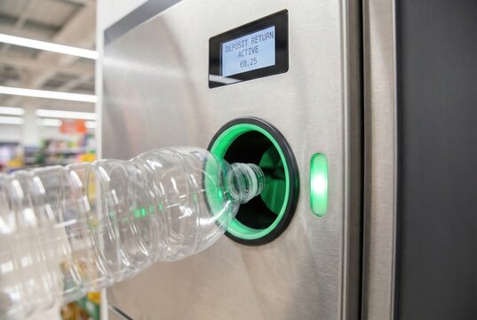 Plastic deposit bottle inside a reverse vending machine showing 25 cents