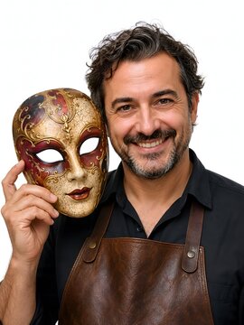 Studio portrait of a craftsman in a leather apron holding an ornate Venetian carnival mask next to his face on white background. Perfect for mask maker, arts, and theater production.