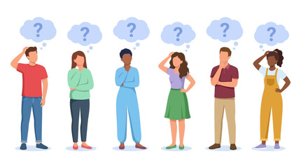 Obraz premium Six diverse casual characters with blue thinking question bubbles.