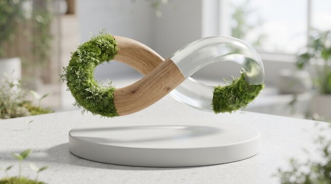 3D circular economy Mobius strip concept with moss and wood on podium