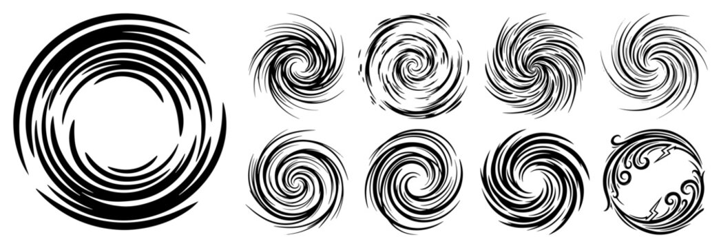 Swirling vortex and spiral whirlwind shapes in graphic line art style