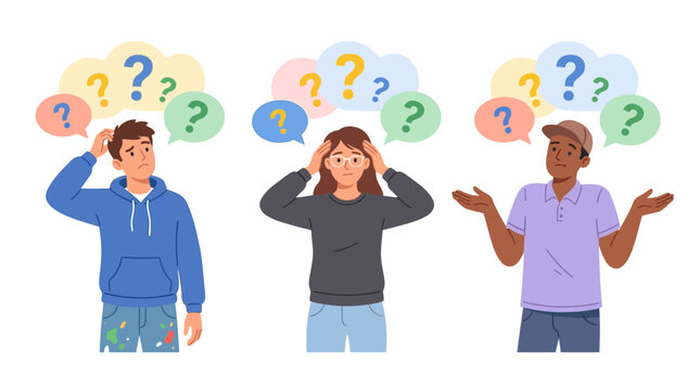 Young adults feeling stressed by many colorful questions.