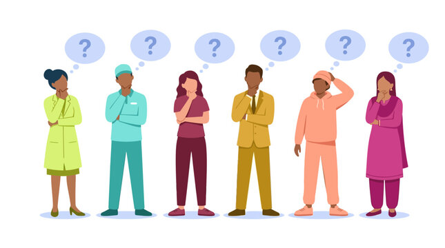 Professional group in various uniforms with question marks.