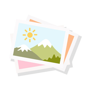 Cute Travel Photo Prints Flat Doodle Icon with Mountain Landscape for Vacation Memories Scrapbook and Photography Illustration