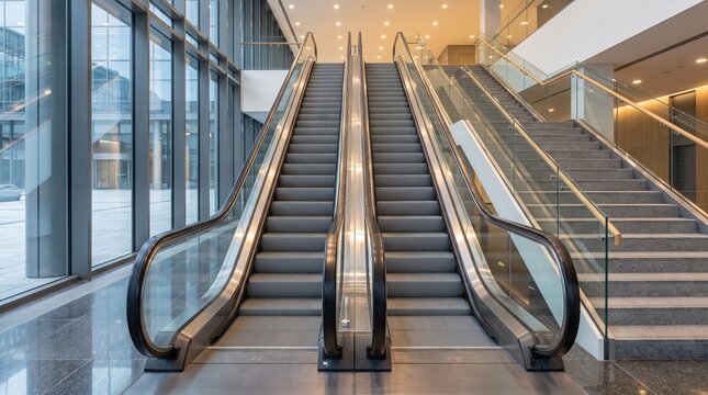 Modern commercial building interior featuring dual escalators and wide stairs with glass railings