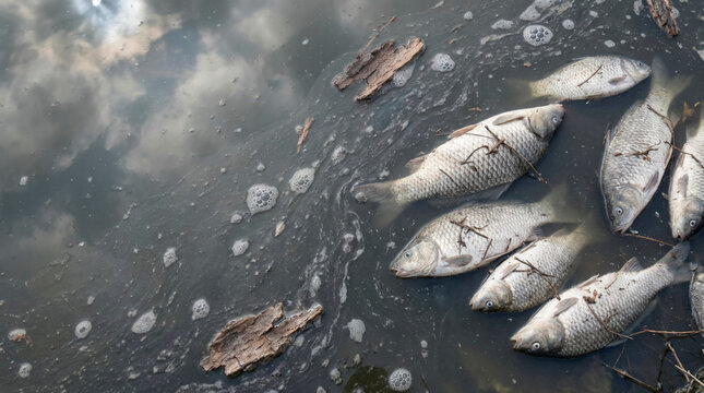 Dead fish in polluted pond, environmental pollution and water contamination crisis