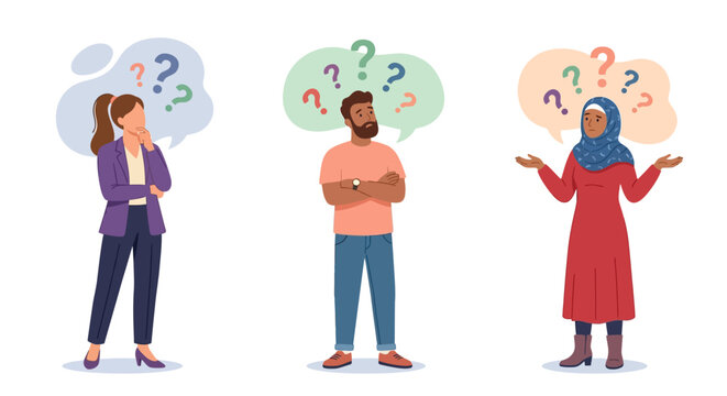 Multicultural professionals pondering questions in flat style.