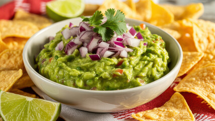 Obraz premium Homemade fresh guacamole dip in white ceramic bowl with red onion and cilantro topping.