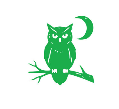 Green silhouette Halloween icon featuring a creepy night owl bird perched on a tree branch with a crescent moon vector graphic design element for fall