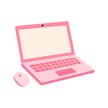 Cute Pink Laptop Computer with Wireless Mouse Flat Doodle Icon for Remote Work Technology and Office Illustration