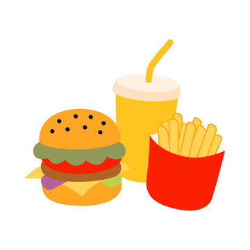 Cute Fast Food Meal Flat Doodle Icon with Cheeseburger French Fries and Soft Drink for Restaurant Menu Illustration