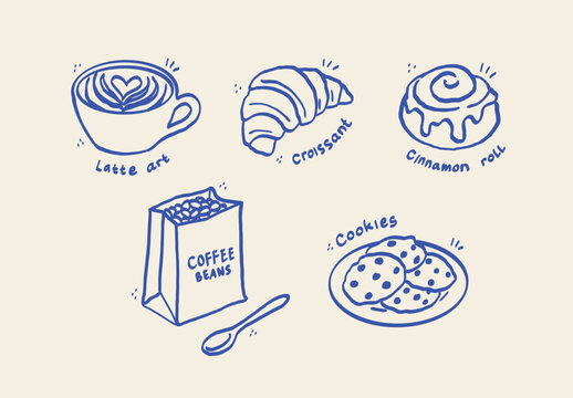 Hand Drawn Coffee and Bakery Doodle Collection Line Art with Latte Art Croissant Cinnamon Roll Cookies and Coffee Beans