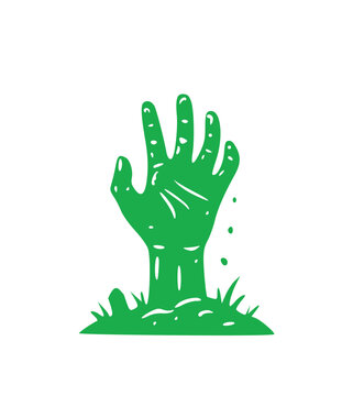 Green silhouette Halloween icon featuring a creepy undead zombie hand reaching out from the grave dirt vector graphic design element for autumn holiday