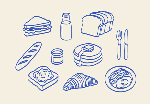 Hand Drawn Breakfast Food Collection Line Art Illustration with Bread Sandwich Pancakes Croissant Milk Jam and Bacon Eggs