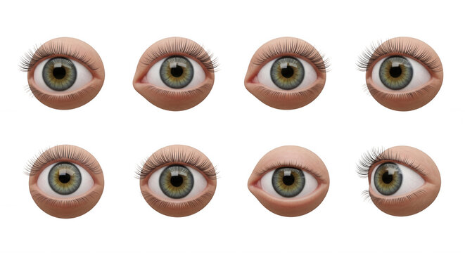 3d rendered human eyes in different angles with long lashes isolated on a white backdrop visual communication or design