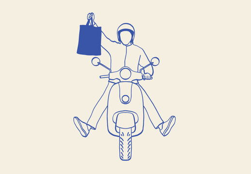 Hand Drawn Happy Delivery Rider on Scooter Holding Shopping Bag Line Art Illustration for Online Shopping and Express Courier Service