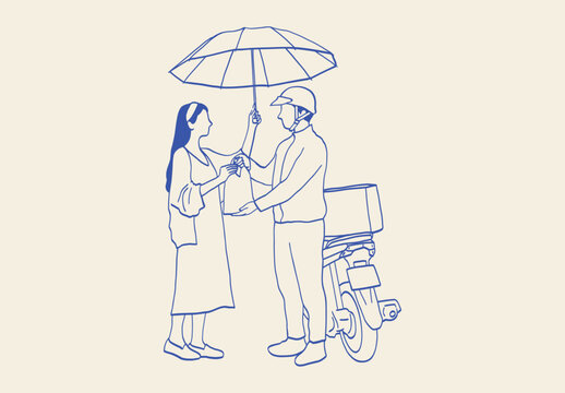 Hand Drawn Delivery Courier Giving Food Package to Customer Under Umbrella Line Art Illustration for Online Delivery Service and Rainy Day Logistics