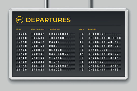 Airport flip board. Flight scoreboard, departure arrival display sign panel destination travel mechanical timetable countdown analog retro realistic 3d garish vector illustration