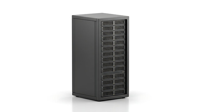 Modern vertical black computer server cabinet tower for high performance enterprise data center storage and network infrastructure equipment