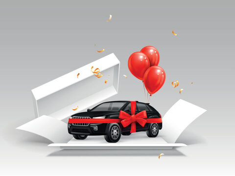 3d gift car. Realistic black suv car in giftbox auto dealer vehicle giveaway red ribbon bow wrap retail promotion lottery grand prize shop advertising banner vector illustration